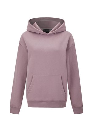 Hellviolette Kapuzenjacke aus weichem Baumwollmischgewebe. Mit einer Tasche vorne, gerippten Bündchen und einer Kapuze mit Kordelzug. Glatte Textur.