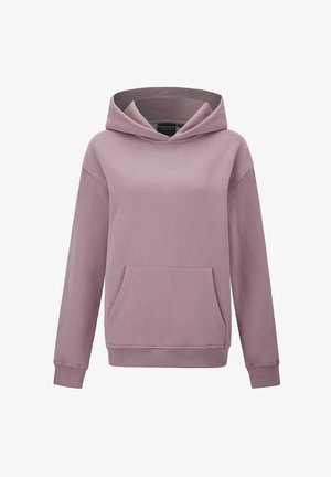 Sudadera con capucha de color púrpura claro hecha de una mezcla suave de algodón. Cuenta con un bolsillo frontal tipo canguro, puños acanalados y una capucha con cordón. Textura suave.