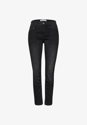 Czarne dżinsy z denimu o wąskim kroju, z wysokim stanem, pięcioma kieszeniami i subtelną fakturą. Zaprojektowane w klasycznym fasonie z podwójnym przeszyciem dla wzmocnienia.