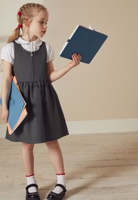 Gray dress with ruffled waist, white collared shirt underneath, black Mary Jane shoes, holding blue book and orange folders. Wood floor background.