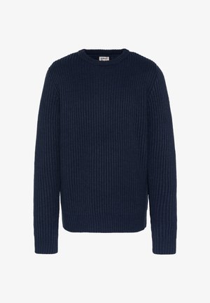 Granatowy prążkowany sweter dziany z długimi rękawami i okrągłym dekoltem; posiada teksturowaną powierzchnię oraz prosty, luźny krój.