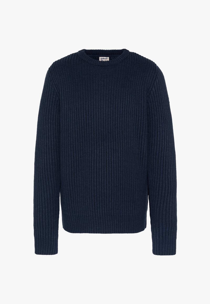 Granatowy prążkowany sweter dziany z długimi rękawami i okrągłym dekoltem; posiada teksturowaną powierzchnię oraz prosty, luźny krój.