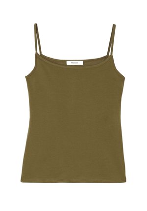 Débardeur vert olive à fines bretelles, en coton doux. Présente un design simple et ajusté avec un col rond.