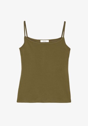 Débardeur vert olive à fines bretelles, en coton doux. Présente un design simple et ajusté avec un col rond.