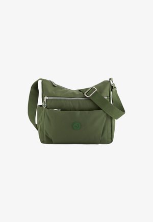 Olivgrüne Schultertasche aus strapazierfähigem Material, mit mehreren Reißverschlussfächern, verstellbarem Tragegurt und einem Logo-Detail auf der Vorderseite.