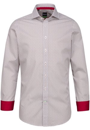 Weißes Hemd mit einem rot-blauen geometrischen Muster, rotem Kragen und Manschetten. Mit Knopfverschluss auf der Vorderseite und langen Ärmeln. Aus Baumwollmaterial.