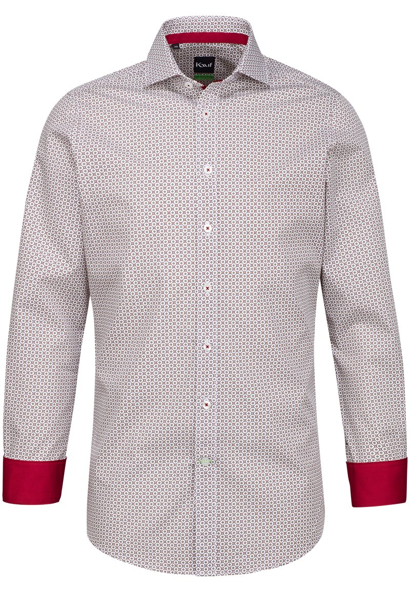 Camicia bianca con un motivo geometrico rosso e blu, colletto e polsini rossi. Presenta un'apertura frontale con bottoni e maniche lunghe. Realizzata in cotone.