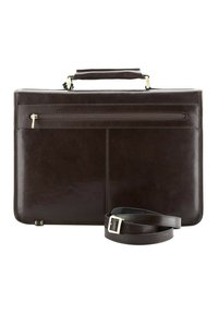 Maletín de cuero marrón con asa superior, bolsillo frontal con cremallera y correa desmontable. Textura suave con esquinas y costuras reforzadas.