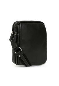Borsa a tracolla nera in pelle con texture liscia, chiusure a zip, tracolla regolabile, hardware argentato e dettagli di cucitura in contrasto.