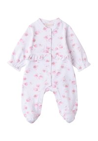 Combinaison blanche avec un motif floral rose, taille froncée, fermeture à boutons et poignets élastiques. Tissu doux, manches longues et design avec pieds.