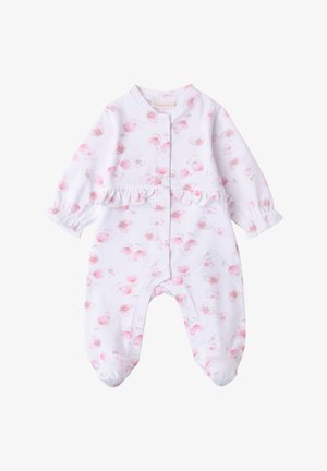 Body blanco con estampado floral en rosa, cintura con volantes, cierre de botones y puños elásticos. Tejido suave, mangas largas y diseño con pies.