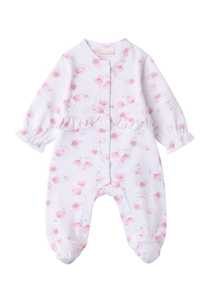 Combinaison blanche avec un motif floral rose, taille froncée, fermeture à boutons et poignets élastiques. Tissu doux, manches longues et design avec pieds.