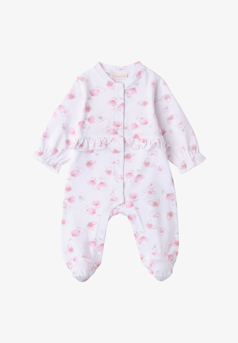 Biały pajacyk z różowym kwiatowym wzorem, falbaniastym pasem, zapięciem na guziki i elastycznymi mankietami. Miękki materiał, długie rękawy i konstrukcja z zakrytymi stopami.