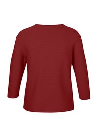 Rood pullover met driekwart mouwen, ronde halslijn, gestructureerde stof en een relaxte pasvorm. De achterkant toont geen versieringen of patronen.