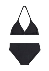 Musta bikinit-setti, jossa on kolmiomainen yläosa säädettävillä olkaimilla ja kiinnityksellä, yhdistettynä korkeavyötäröisiin ribbipohjiin.