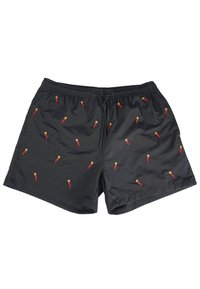 Pantaloni da bagno neri con vita regolabile, decorati con ricami di peperoncini rossi distribuiti uniformemente su tutta la stoffa.