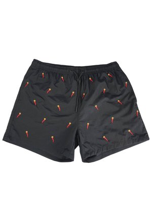 Pantaloni da bagno neri con vita regolabile, decorati con ricami di peperoncini rossi distribuiti uniformemente su tutta la stoffa.