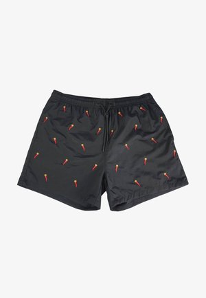 Pantaloni da bagno neri con vita regolabile, decorati con ricami di peperoncini rossi distribuiti uniformemente su tutta la stoffa.