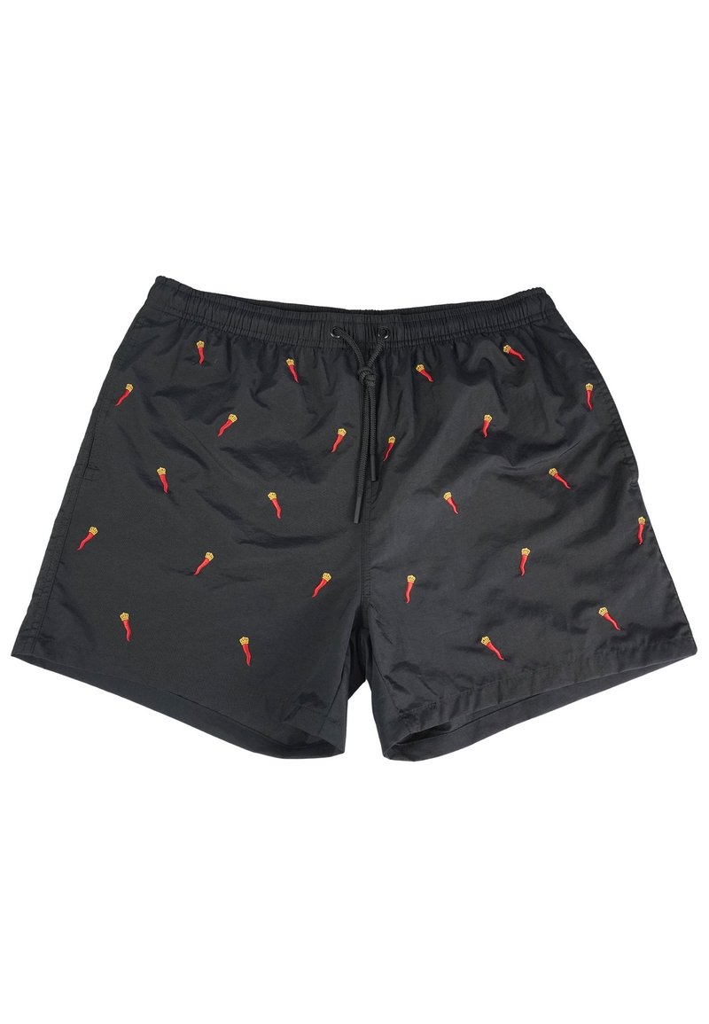 Pantaloni da bagno neri con vita regolabile, decorati con ricami di peperoncini rossi distribuiti uniformemente su tutta la stoffa.