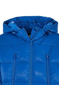 Blue puffer jacket with a shiny, smooth texture. Features a hood, double zippers, and two zippered pockets on the front.