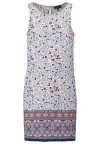 Bezramenné šaty s květinovým potiskem v modré, červené a bílé barvě. Mají pevným námořnickým lemem a detail s klíčovou dírkou na zádech. Lehká tkanina.