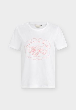 Weißes Kurzarm-T-Shirt mit rundem Ausschnitt, mit hellrosa Schriftzug „Oyster Bar“ und Austernschalen-Illustrationen auf der Vorderseite.