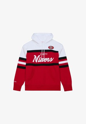 Czerwona i biała bluza z kapturem San Francisco 49ers z czarnymi paskami, kieszenią z przodu, kapturem ze sznurkami i logo drużyny na piersi.