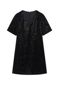 Vestido negro de lentejuelas con escote en V y mangas cortas. La superficie brillante presenta un patrón de lentejuelas estrechamente espaciadas a lo largo de la tela.