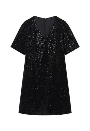 Schwarzes Paillettenkleid mit V-Ausschnitt und kurzen Ärmeln. Die schimmernde Oberfläche zeigt ein Muster aus eng beieinander liegenden Pailletten auf dem Stoff.