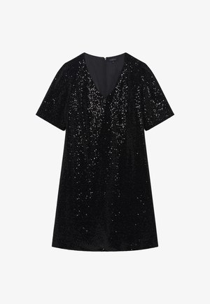 Schwarzes Paillettenkleid mit V-Ausschnitt und kurzen Ärmeln. Die schimmernde Oberfläche zeigt ein Muster aus eng beieinander liegenden Pailletten auf dem Stoff.