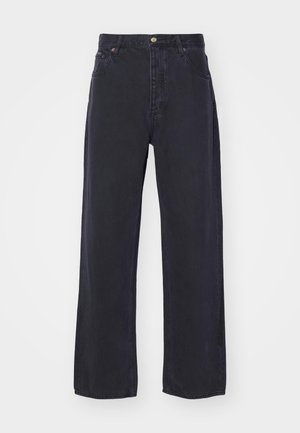 Donkerblauwe wijdgerande jeans van denim, met een hoge taille, knopen aan de voorkant en vijf zakken. Gladde textuur met minimale stikseldetails.