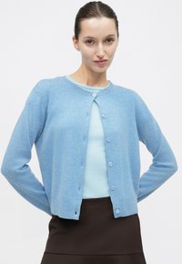 Cardigan bleu clair en matière douce, avec un col rond, des boutons sur le devant et des manches longues. Porté avec un haut assorti.