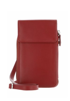 Sac bandoulière en cuir rouge avec rabat avant, fermeture éclair sur le côté et bandoulière réglable avec boucle argentée.