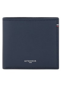 Navy leather wallet with smooth texture, bi-fold design, and white embossed logo. Features contrast stitching and a color accent strip on the side.