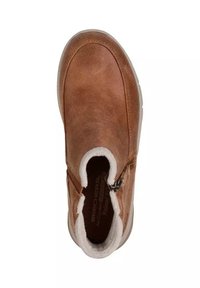 Braune Wildleder-Winterschuhe zum Hineinschlüpfen mit weißem Fleece-Futter und seitlichem Reißverschluss, von oben betrachtet.