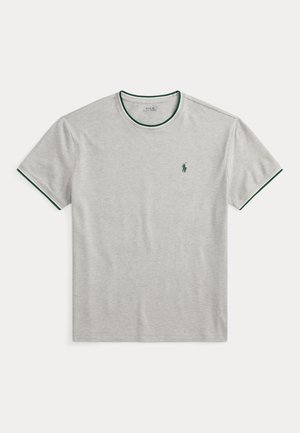 Light gray short-sleeve t-shirt with dark green trim on collar and sleeves, featuring a small green embroidered polo player logo on the chest.