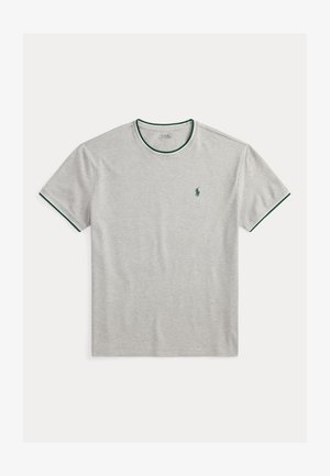 Light gray short-sleeve t-shirt with dark green trim on collar and sleeves, featuring a small green embroidered polo player logo on the chest.