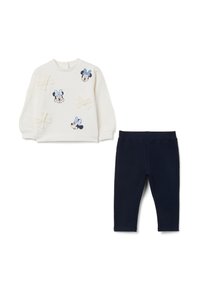 L'ensemble comprend un sweat-shirt cr ème avec des motifs de Minnie Mouse et des leggings bleu marine foncé. Le sweat-shirt est orné de nœuds brodés et est fabriqué dans un tissu doux.