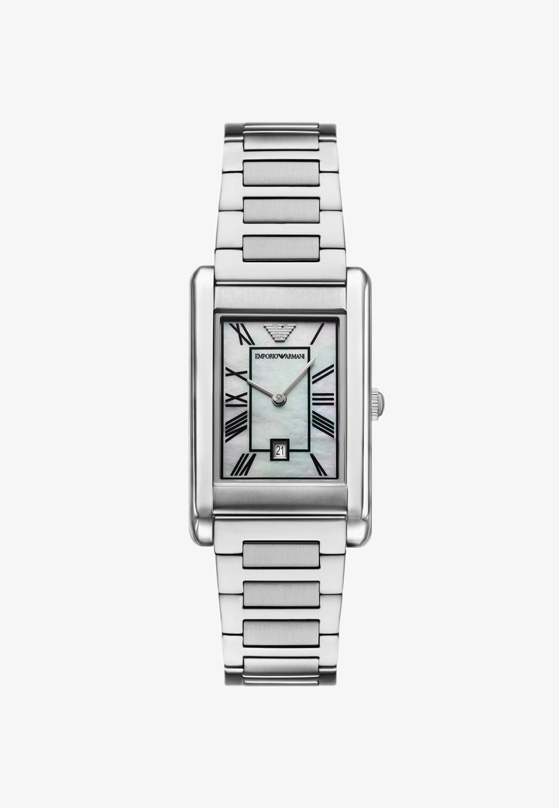 Prostokątny zegarek ze stali nierdzewnej z tarczą z masy perłowej, rzymskimi cyframi, wyświetlaczem daty oraz połączoną bransoletą.