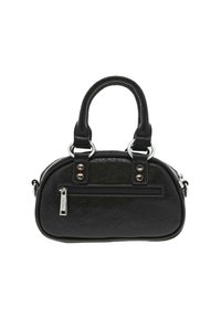 Sac à main en simili cuir noir avec une forme arrondie, deux poignées supérieures, des accents en matériel argenté, et une poche zippée à l'avant pour un rangement supplémentaire.