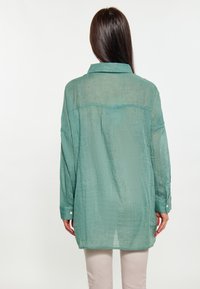 Camicia a maniche lunghe di colore verde chiaro, realizzata in tessuto trasparente e testurizzato. Presenta un colletto classico e polsini con bottoni. La vista posteriore mostra una vestibilità rilassata.