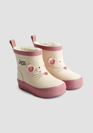 Rosa und cremefarbene Gummistiefel mit einem Mäuse-Design, weicher Fütterung, abgerundeten Zehen und Zuglaschen hinten für ein einfaches Anziehen.