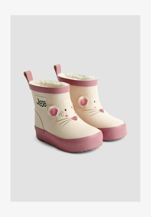 Rosa und cremefarbene Gummistiefel mit einem Mäuse-Design, weicher Fütterung, abgerundeten Zehen und Zuglaschen hinten für ein einfaches Anziehen.