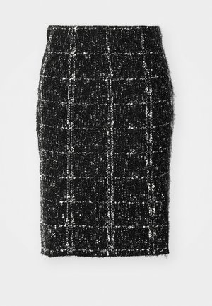 Black and white tweed pencil skirt with a textured finish, featuring a grid pattern, and a fitted design. Mid-rise waist, knee-length.