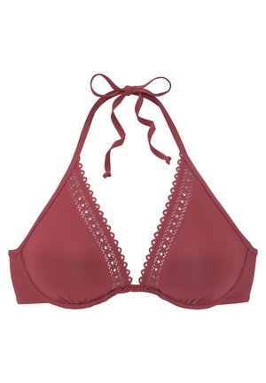 Górna część bikini w głębokim czerwonym kolorze, wykonana z gładkiej tkaniny z falbanami koronkowymi wzdłuż krawędzi, z regulowanymi sznurkami na szyi.
