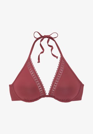 Bikini tops tumšā sarkanā krāsā, izgatavots no gludas auduma ar viļņotu mežģīnes apdari maliņā, regulējamas saišu siksnas kaklā.