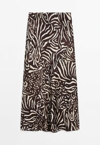 Jupe mi-longue à taille haute, coupe fluide, imprimé abstrait animalier noir et beige sur tissu lisse.