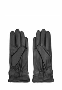 Para czarnych skórzanych rękawiczek ułożonych płasko, ukazujących wewnętrzną stronę dłoni z marszczonym mankietem i przeszyciami.