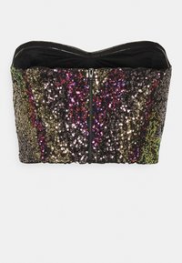 Crop top bustier à sequins sans bretelles avec fermeture éclair devant en tissu multicolore noir, or, vert et rose brillant.