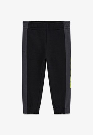 Zwarte sweatpants met donkergrijze zijpanelen, elastische tailleband en groen logodetail op het rechterbeen; zachte katoenmengstof.
